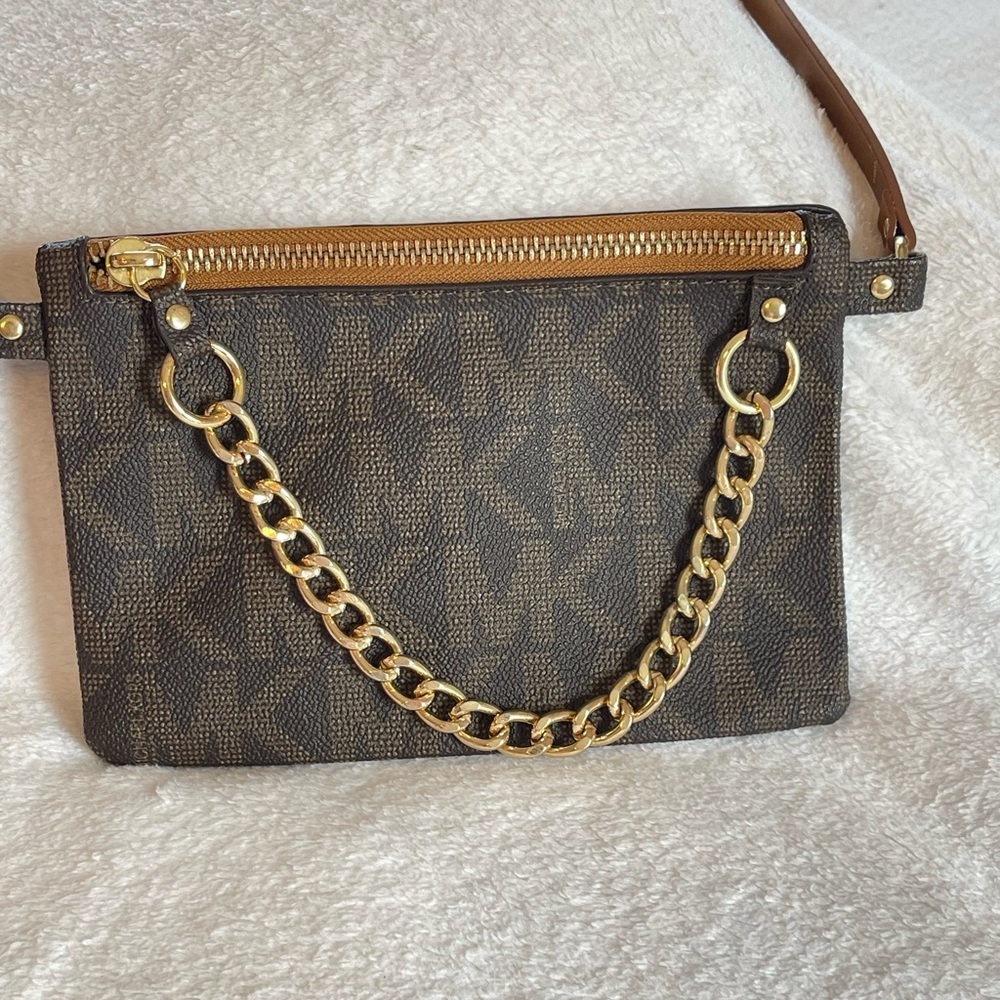 Michael Kors Belt Bag Brown MK Logo Chain Detail Crossbody